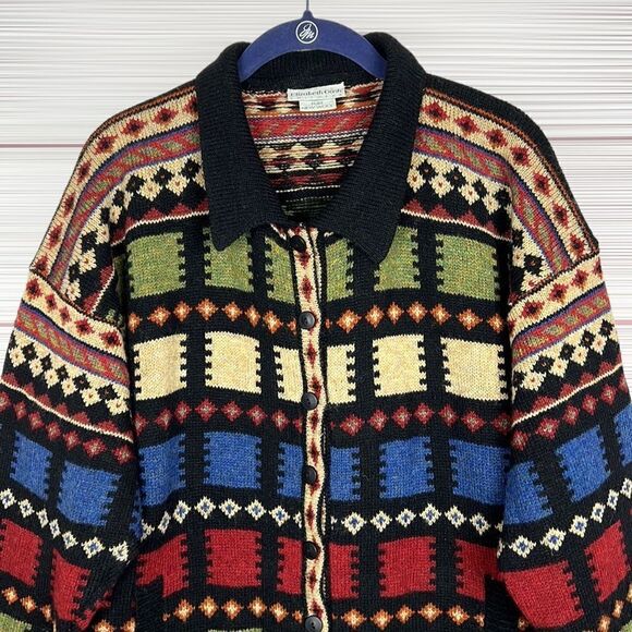 Elizabeth Gash England Vintage Pure New Wool Hand Knit Folk Art Pattern Cardigan - Picture 2 of 12